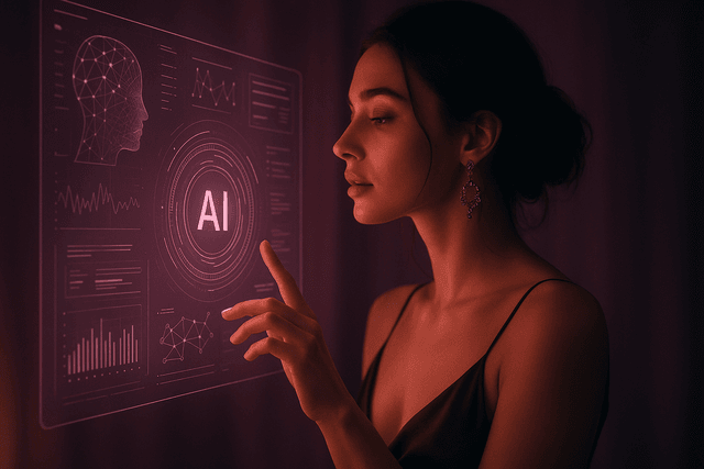 A realistic AI-generated woman using a digital chat interface in a futuristic neon-lit environment, symbolizing the concept of AI porn chat.