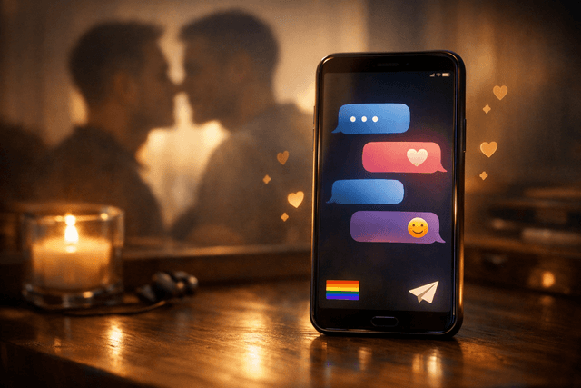 Illustration representing a gay-focused AI chat experience, with two men suggested through visual elements and a smartphone showing abstract conversation symbols